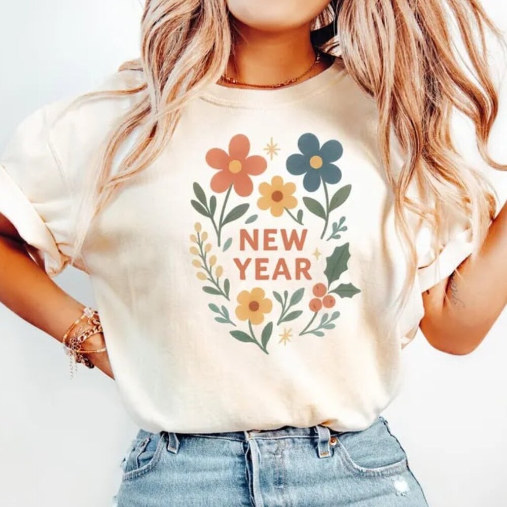 New Year Floral Shirt, Retro Flower Tee, New Year Gift - Picture 1 of 4